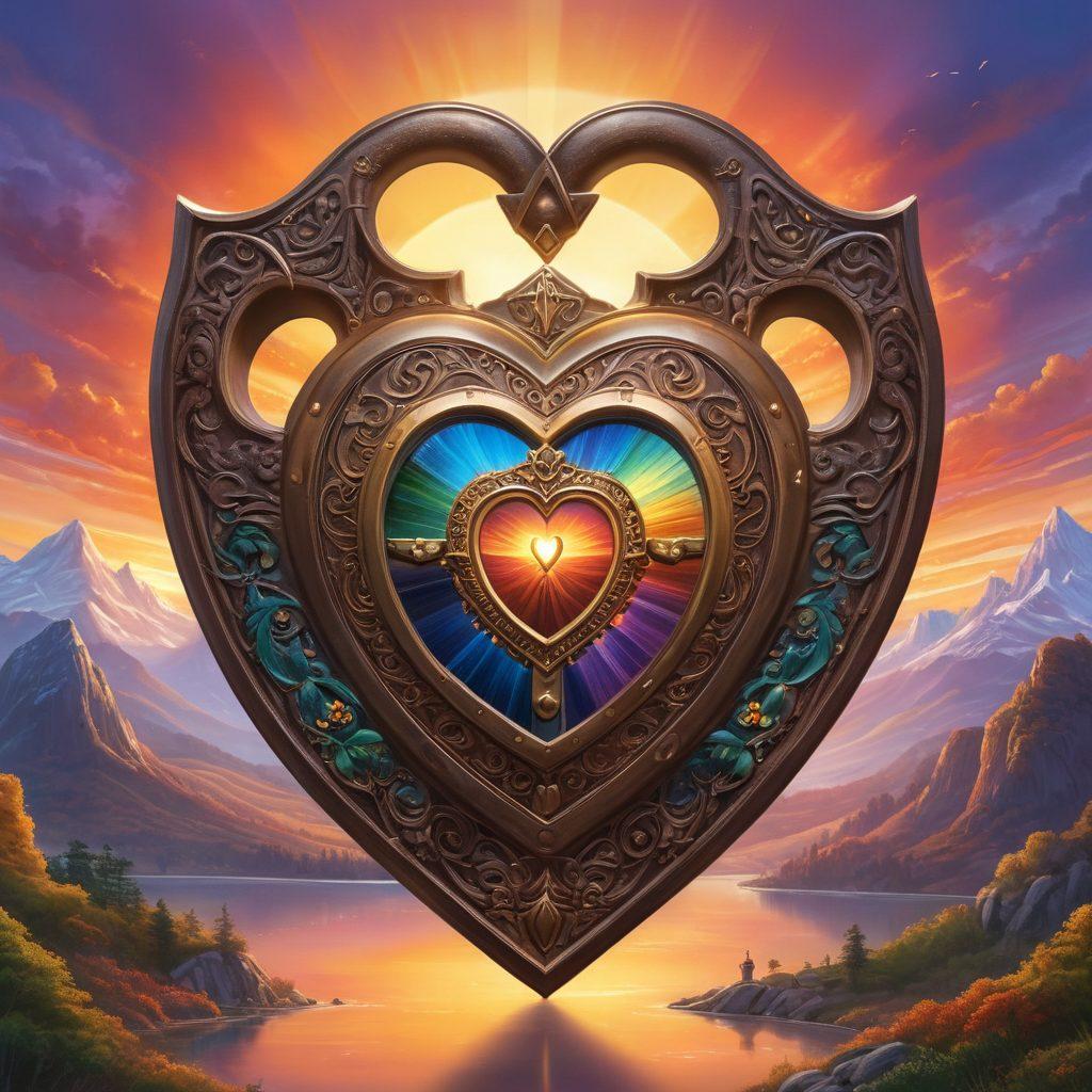 A heart-shaped shield symbolizing love intertwined with a secure lock, surrounded by diverse family silhouettes holding hands under a soft, glowing light. In the background, a serene landscape with a rainbow fading in, representing hope and security. Emphasize warmth and connection with vibrant colors. super-realistic. peaceful ambiance.