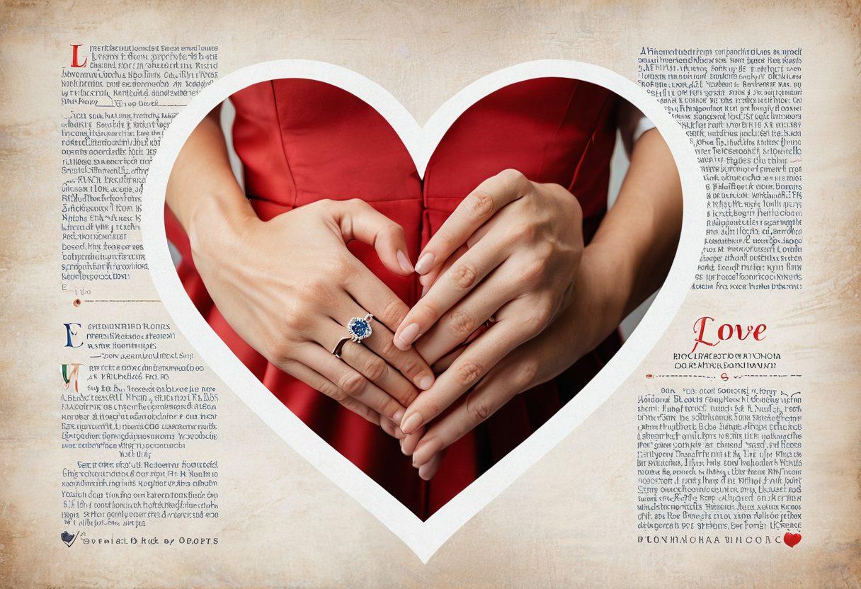 A symbolic representation of love intertwined with insurance elements, featuring a heart encircled by a shield, with wedding rings and policy documents subtly integrated in the background. The color palette should evoke warmth, blending soft reds and blues to convey trust and affection. A couple engaged in a conversation, holding hands, with a gentle focus on their faces to express connection amidst the theme of insurance. Artistic style: super-realistic. vibrant colors.